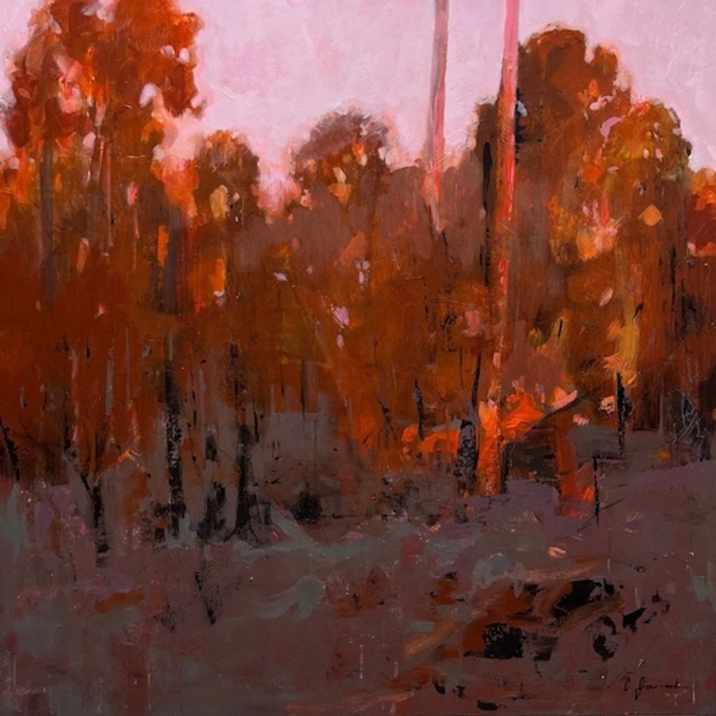 a richly coloured dense bush scene in orange, deep red and rich brown