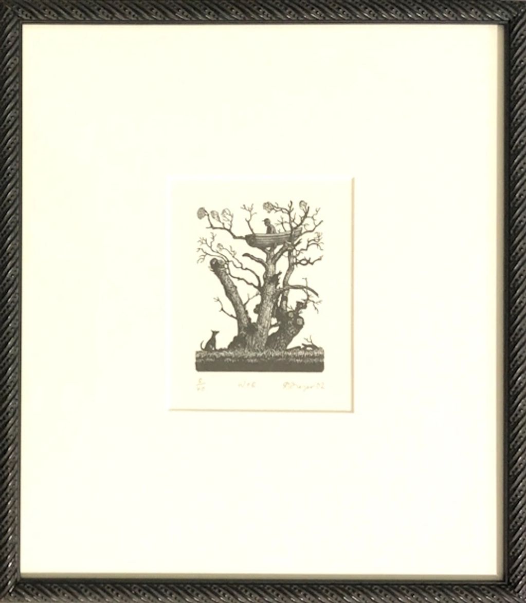 small wood engraving by David Frazer of a man in a row boat up a tree with a dog placed looking up