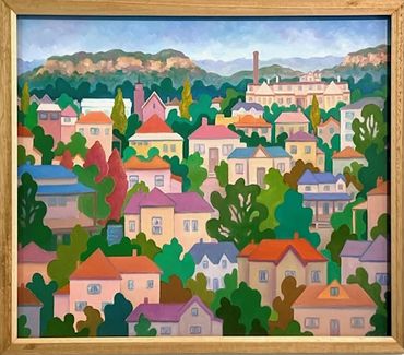 an oil on canvas painting featuring the township of Katoomba with the Carrington Hotel & Mt Solitary