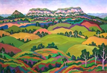 a modernist style landscape of the Blue Mountains region in passages of colour