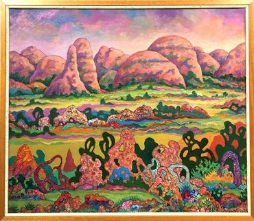 A modernsit style oil painting based on the central Australian region known as Kata Juta