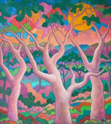 a modernsist style oil painting with high keyed colour & lyrical eucalyptus trees in the foreground