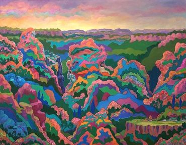 a modernist style landscape of the Blue Mountains region in passages of bright colour