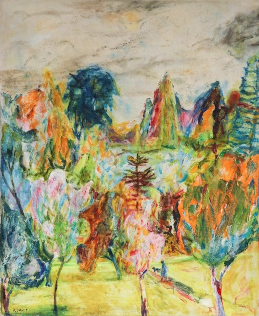 modernist art work featuring a park in Melbourne painted in bright colours from circa 1949