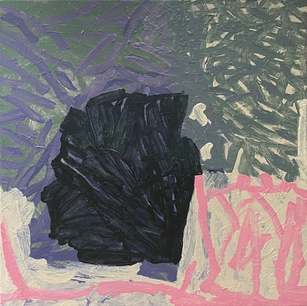 an abstract painting in acrylic on canvas with gestural lineal notations and geometric forms