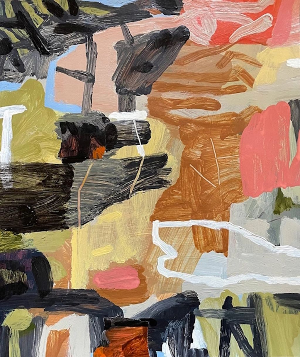 an abstract acrylic painting with bright coloured geometric foms and lines