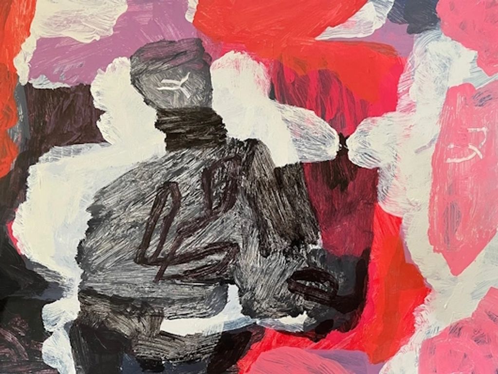 an abstract acrylic painting with bright coloured geometric foms and lines