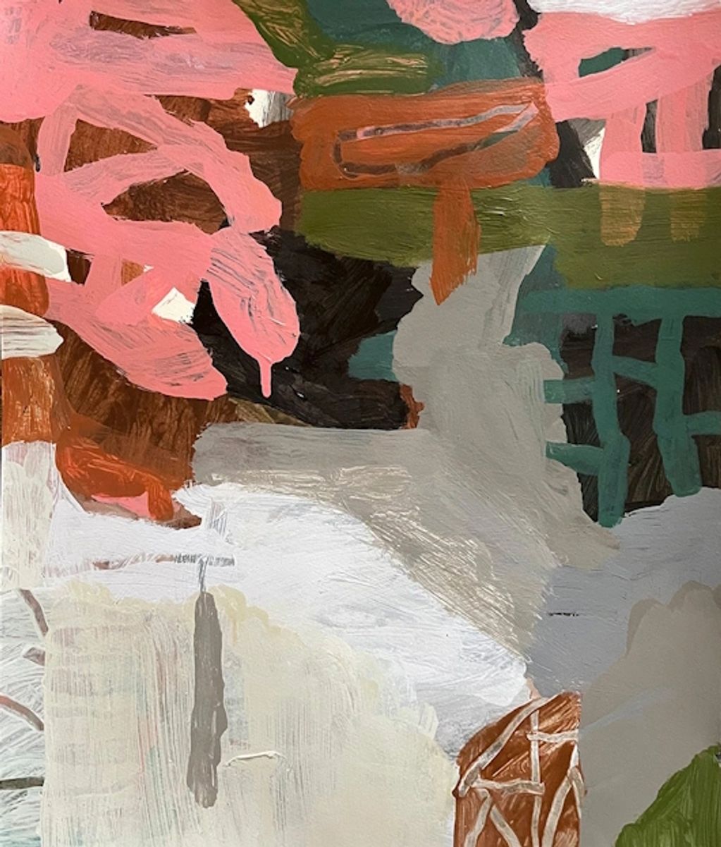 an abstract acrylic painting with bright coloured geometric foms and lines