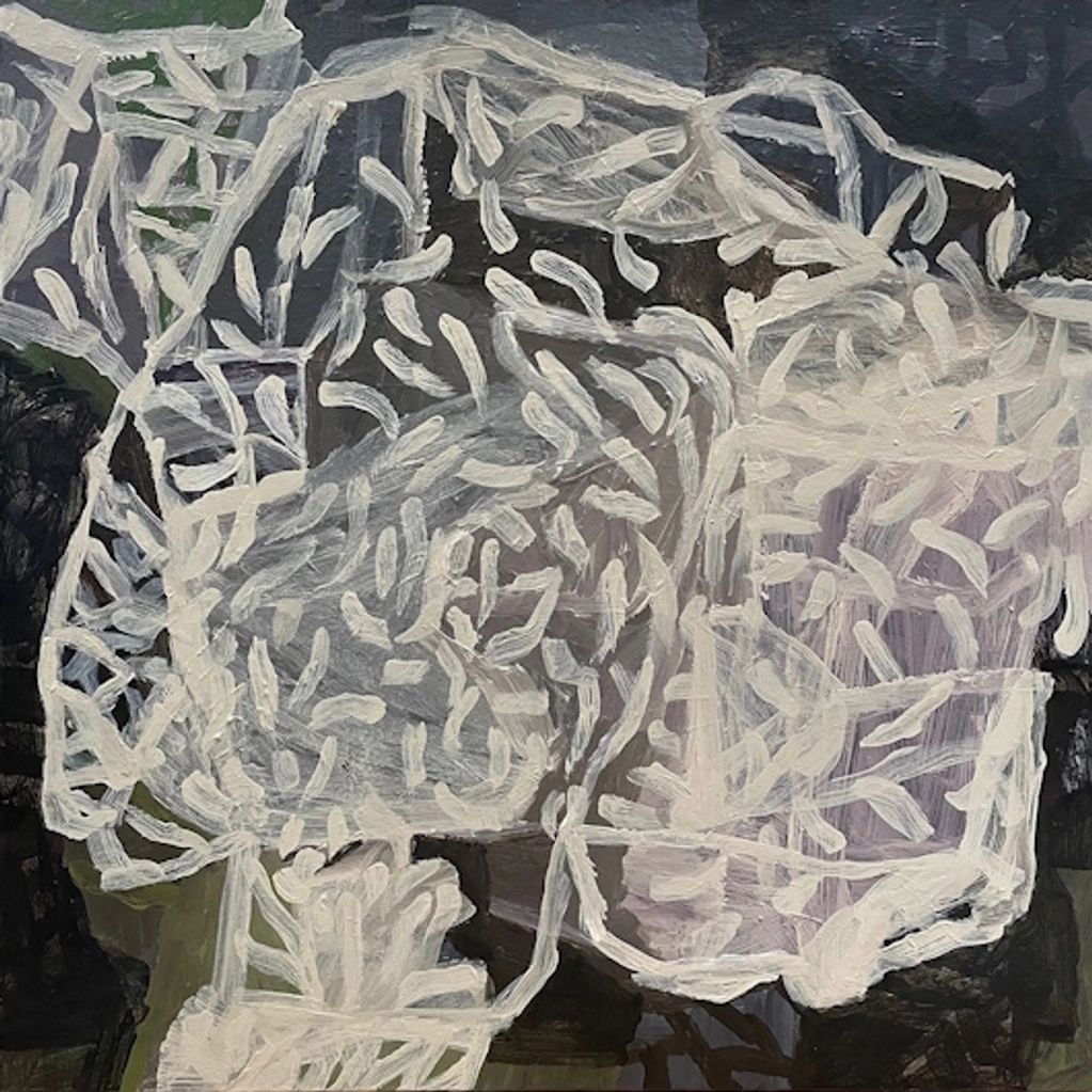 an abstract painting in acrylic on canvas with gestural lineal notations and geometric forms