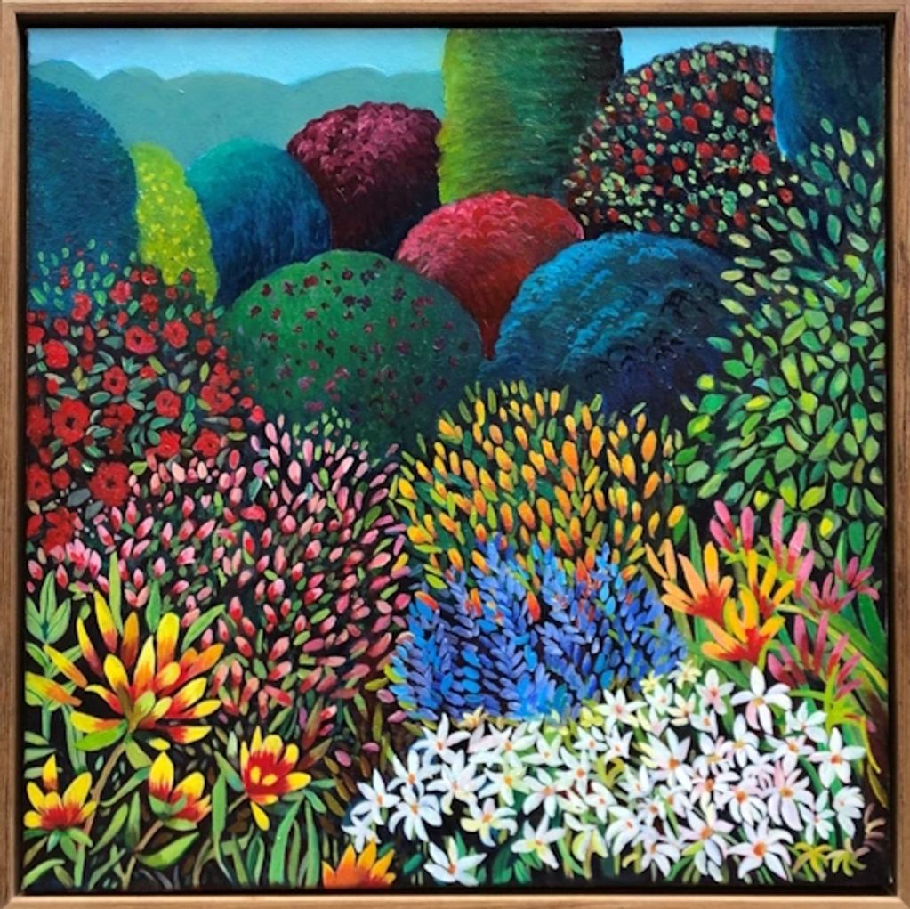 a brightly coloured oil painting of a lush topiary garden with spring flowers and distant hills