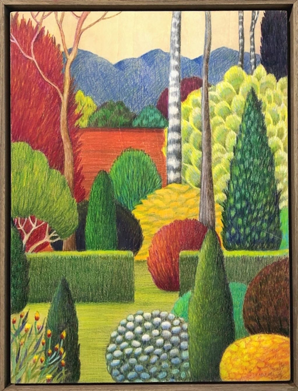 stylised artwork of a topiary landscaped garden and surrounds