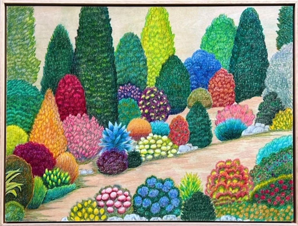 A landscape artwork in watercolour pencil on wooden panel with flowering shrubs, a pathway & pines