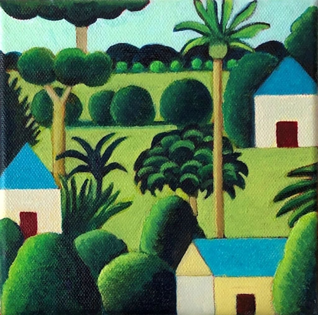 stylised oil painting of primitive cottages and lush green foliage
