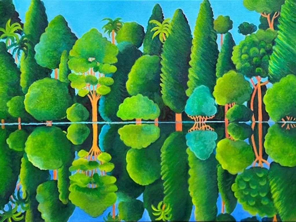 a topiary stylised landscape in intense green palette in oil on canvas, with a reflection theme