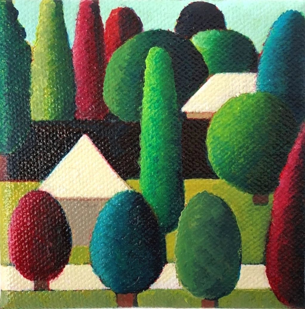 Miniature oil painting of Stylised cottages and topiary trees in a garden setting