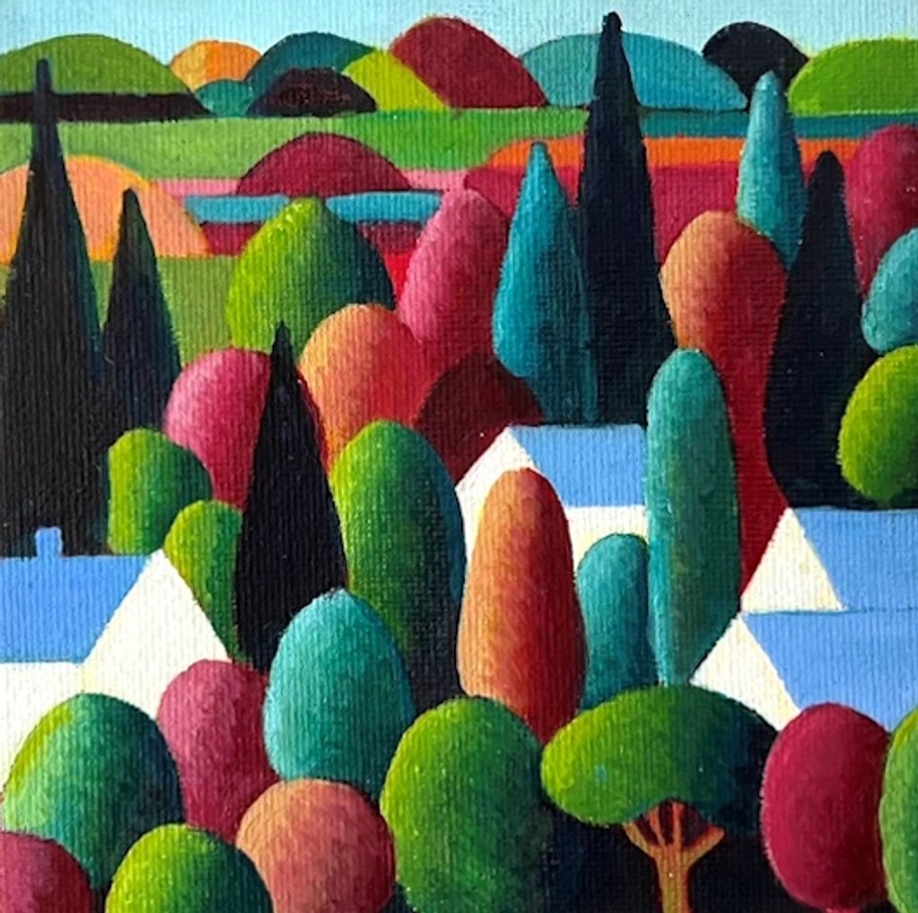 A miniature  artwork painted in oil & on canvas with topiary style trees & simple cottages & shrubs