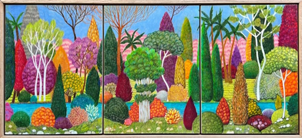 A lakeside landscape in watercolour pencil on wooden panels with flowering trees, shrubs & topiary