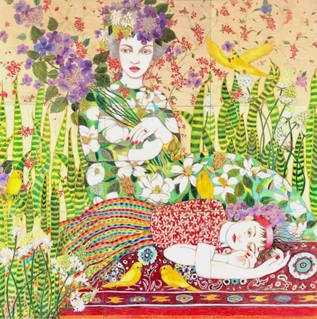 Two decorated figures one recling one standing surrounded by flowers and birds