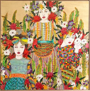 a brightly coloured water colourpencil on Birch wood panels artwork with three girls and a rabbit