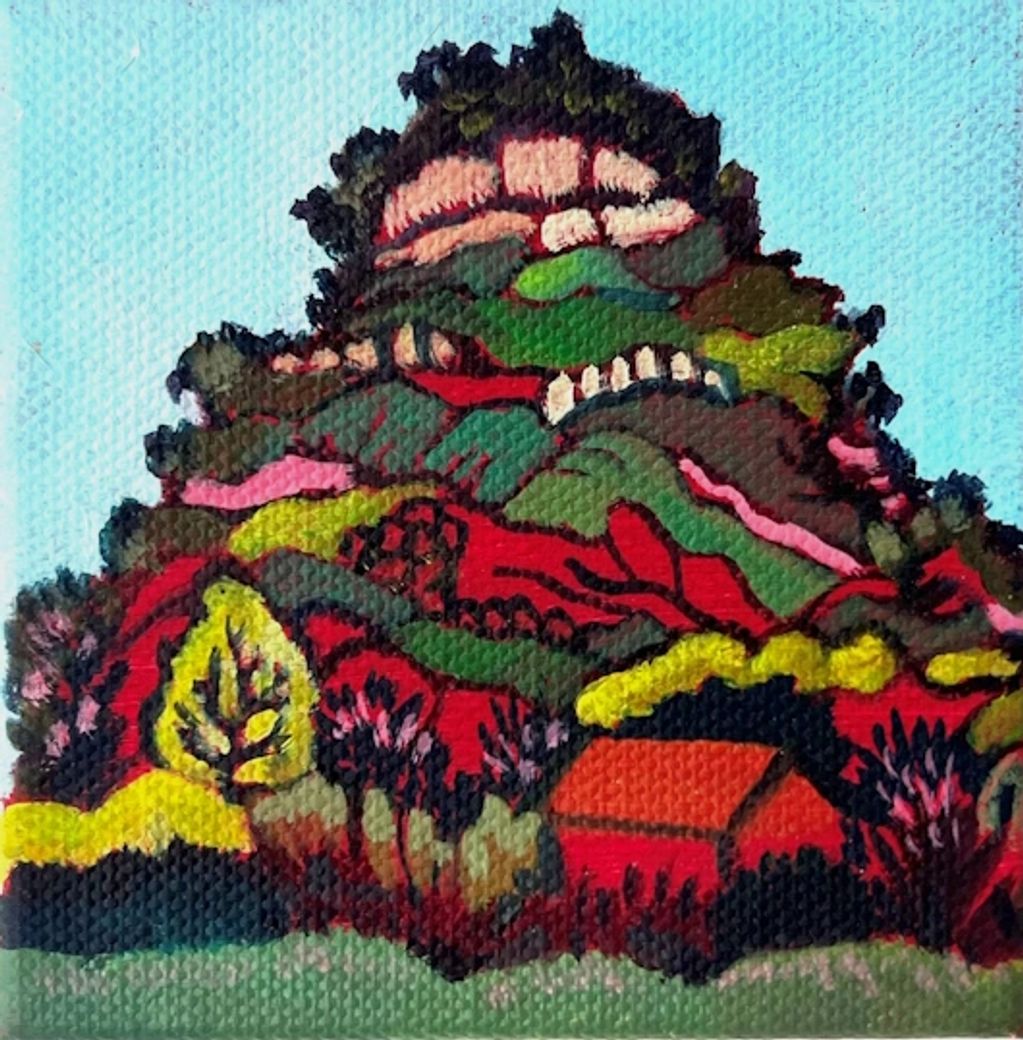A mimiature landscape artwork painted in oil & on canvas depicting a steep hill with a cottage