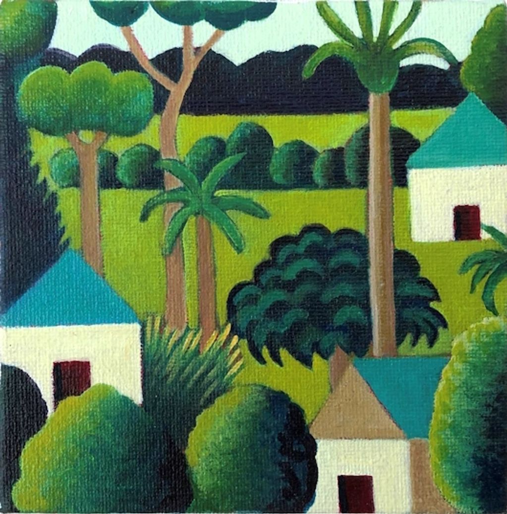 stylised small oil painting of simplified cottages and lush green foliage