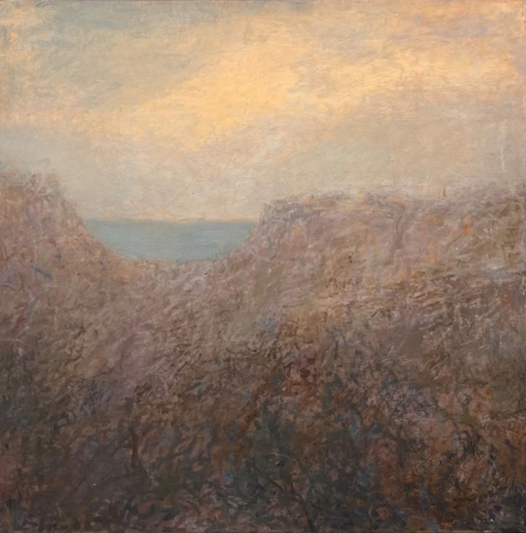 A semi abstract landscape based on the Blue Mountains with gestural notations in the foreground