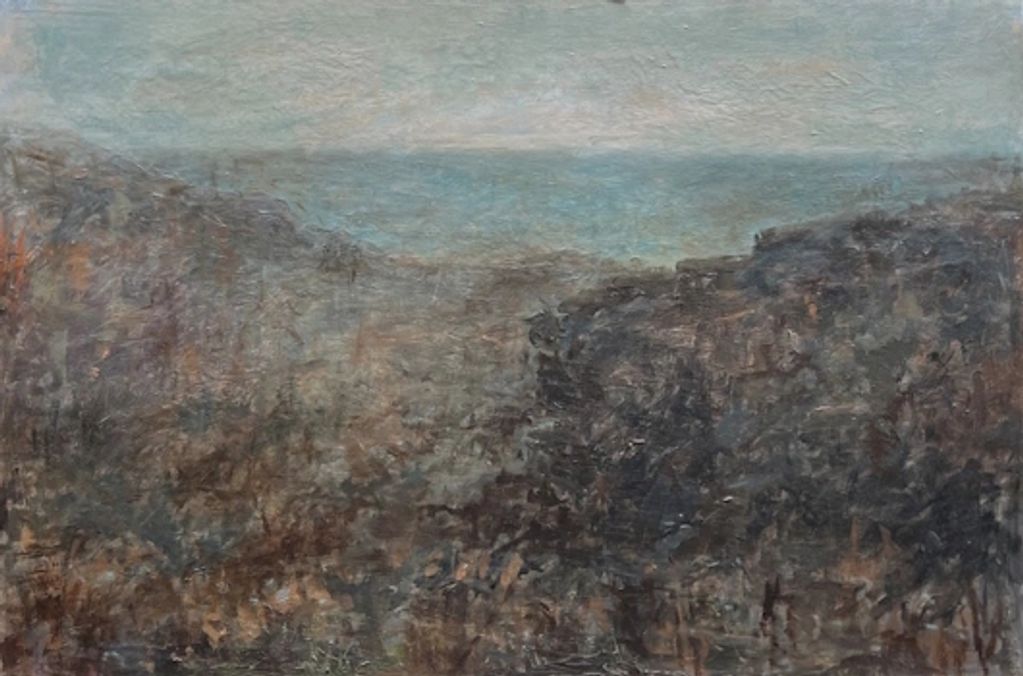 a minimalist oil and wax painting based on the Blue Mountains of NSW