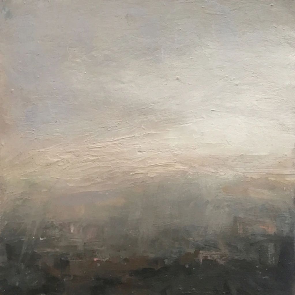abstract landscape painting in grey tones  showing light and texture, Judi Moss, Rex-Livingston