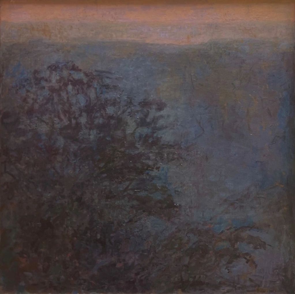 A semi abstract landscape based on the Blue Mountains with gestural foreground, & minimal Mtn forms