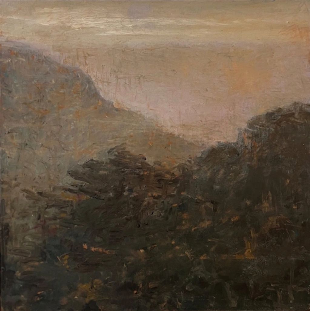 A semi abstract landscape based on the Blue Mountains with gestural foreground, & minimal Mtn forms