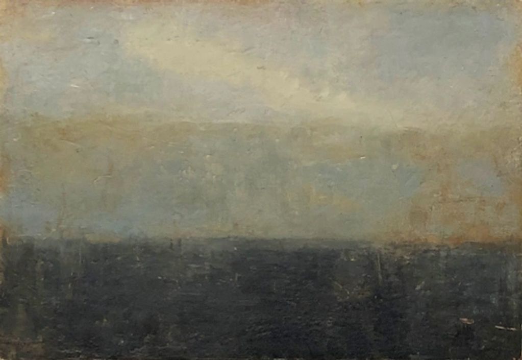 abstract landscape painting in oil, wax and earthpigments, Blue Mountains minimal landscape painting