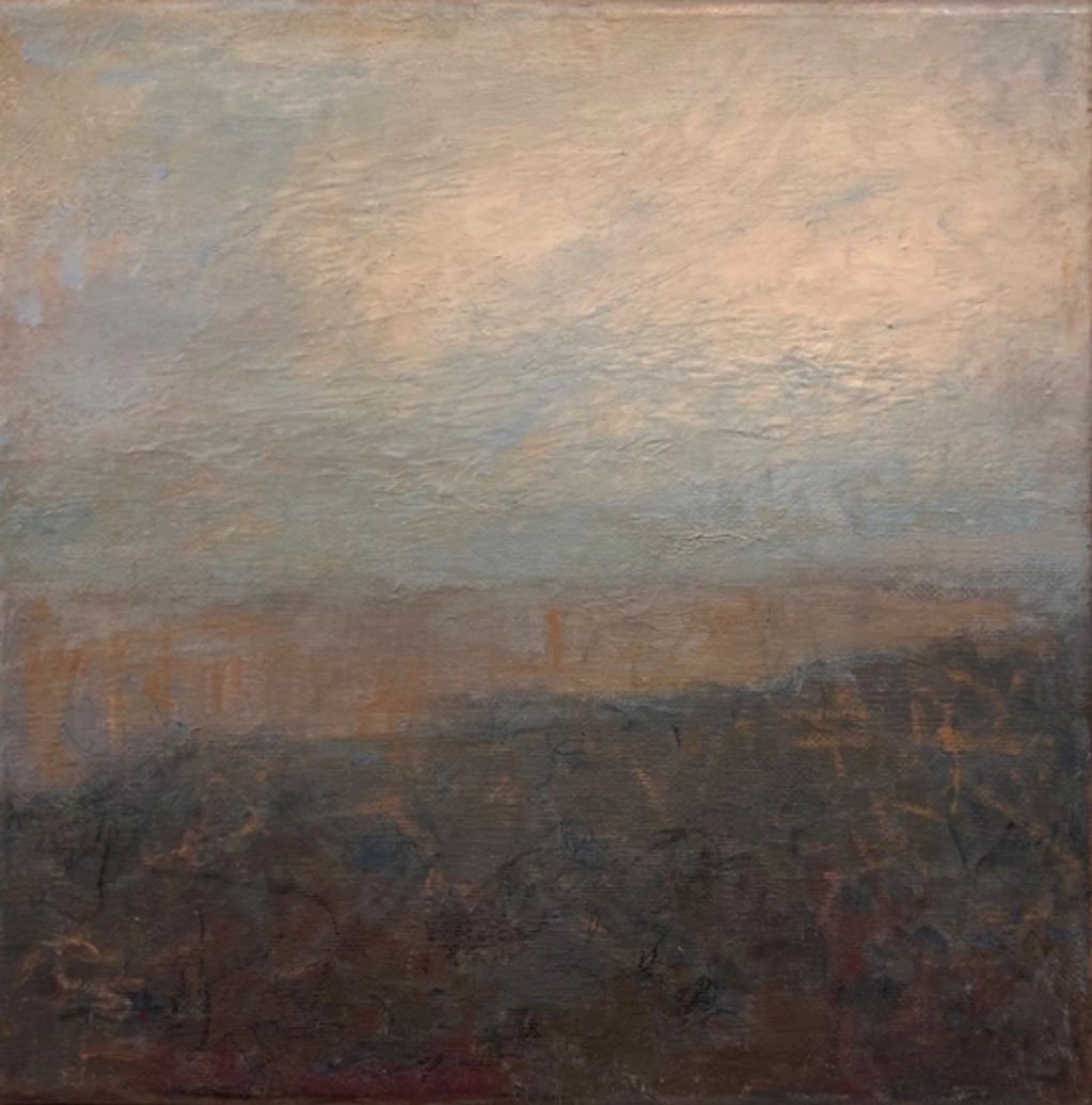 A semi abstract landscape based on the Blue Mountains with gestural foreground, & minimal Mtn forms