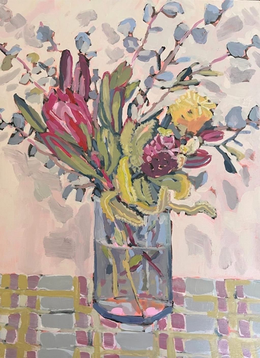 a modernist style painting of Australian native flowers arranged in a glass vase, featuring a Protea