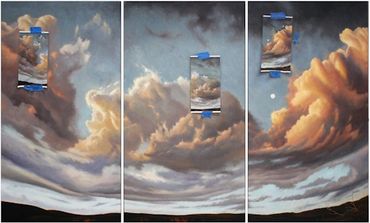 a vast, panoramic landscape painting of Cahill's Lookout in the Blue Mountains, trompe l’oeil style