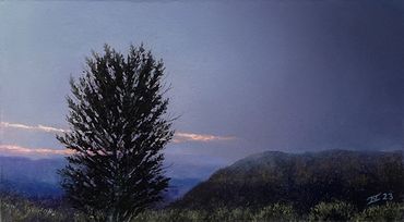 a very small painting, hyper realist in detail of a dark sky landscape with a suggestion of a storm