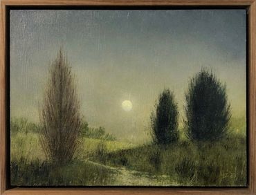 a small landscape painting in misty light with a setting sun, realist in style