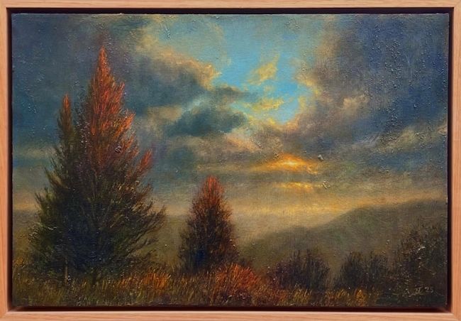 a beautifully rendered acrylic & oil painting on board, with a focus on light appearing thru clouds