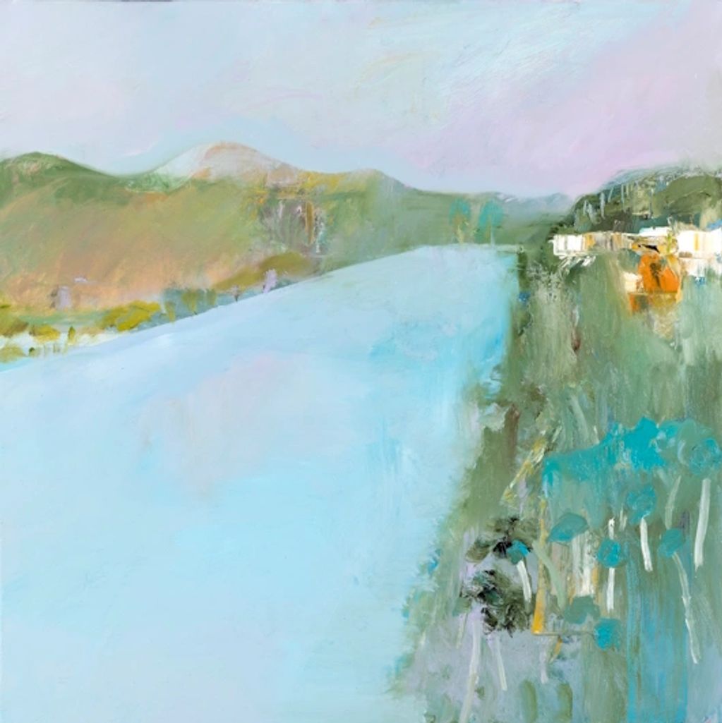 A semi abstract oil on canvas, showing a mountain scape & vast expanse of river & adjacent field