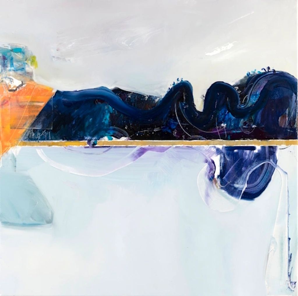 a semi abstract landscape artwork in a bold style with a strong mountain form & vast area of water