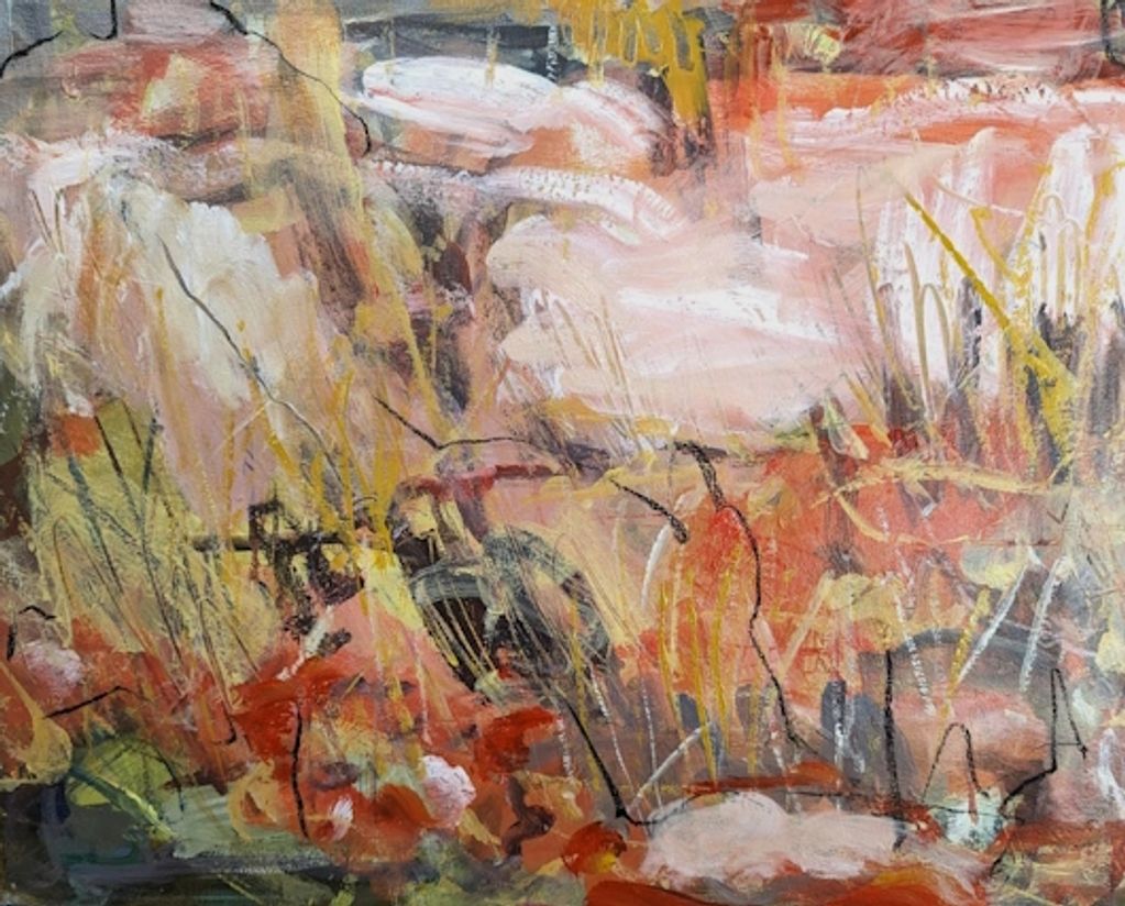 A semi abstract landscape painting of Arrernte Country in warm colours and energetic gestural marks