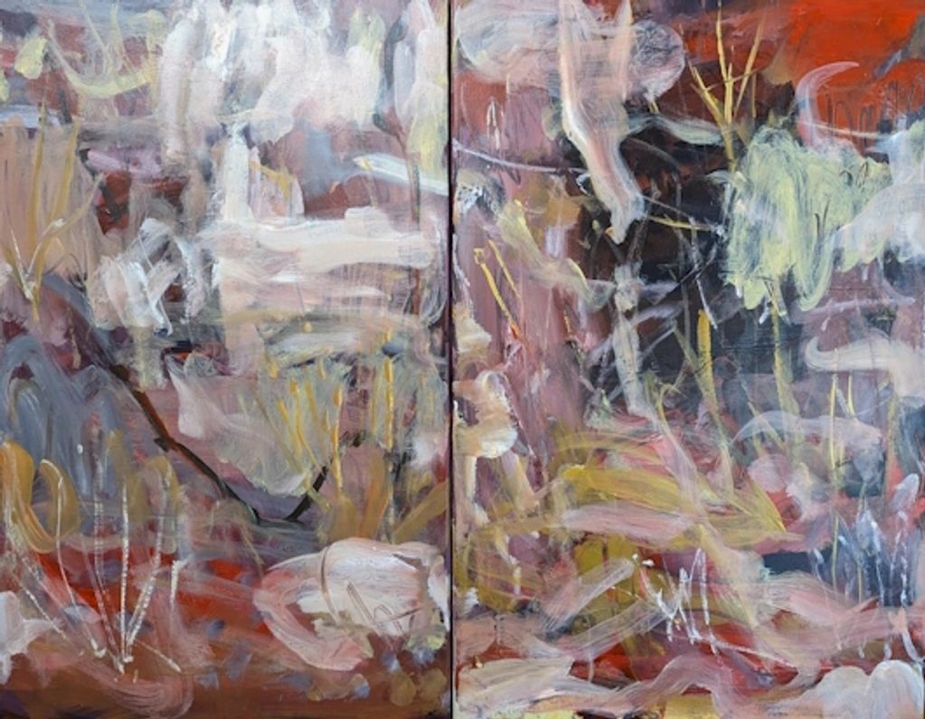 A semi abstract landscape painting of Arrernte Country in warm colours and energetic gestural marks