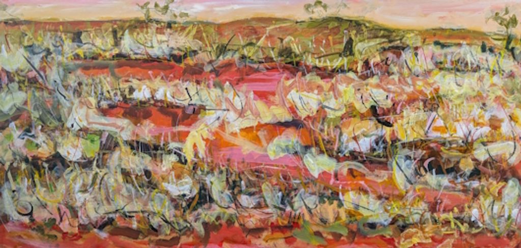 A semi abstract landscape painting of Arrernte Country in warm colours and energetic gestural marks