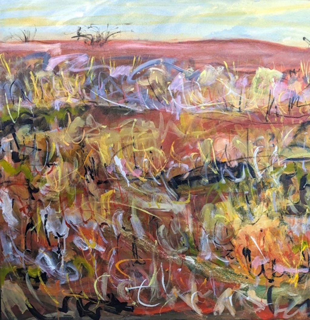 A semi abstract landscape painting of Arrernte Country in warm colours and energetic gestural marks