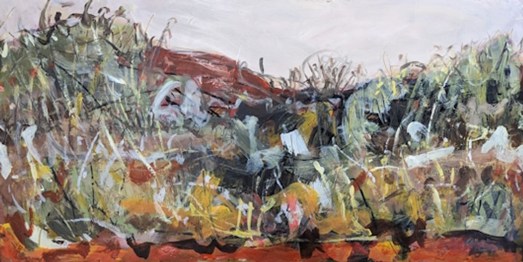 A semi abstract landscape painting of Arrernte Country in warm colours and energetic gestural marks