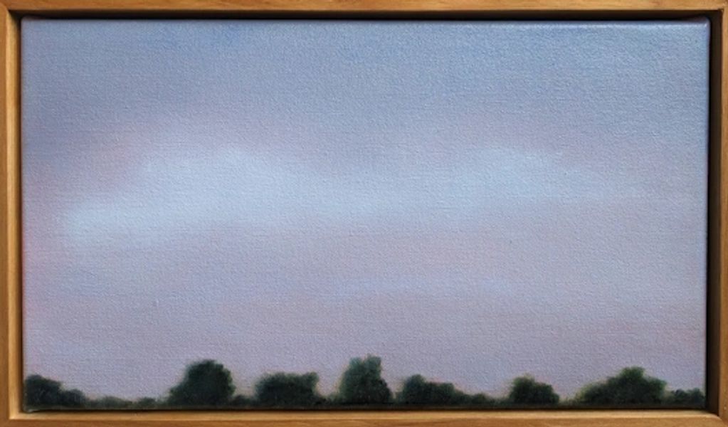 a beautifully painted landscape oil painting with a very low stand of trees, a blue sky & clouds