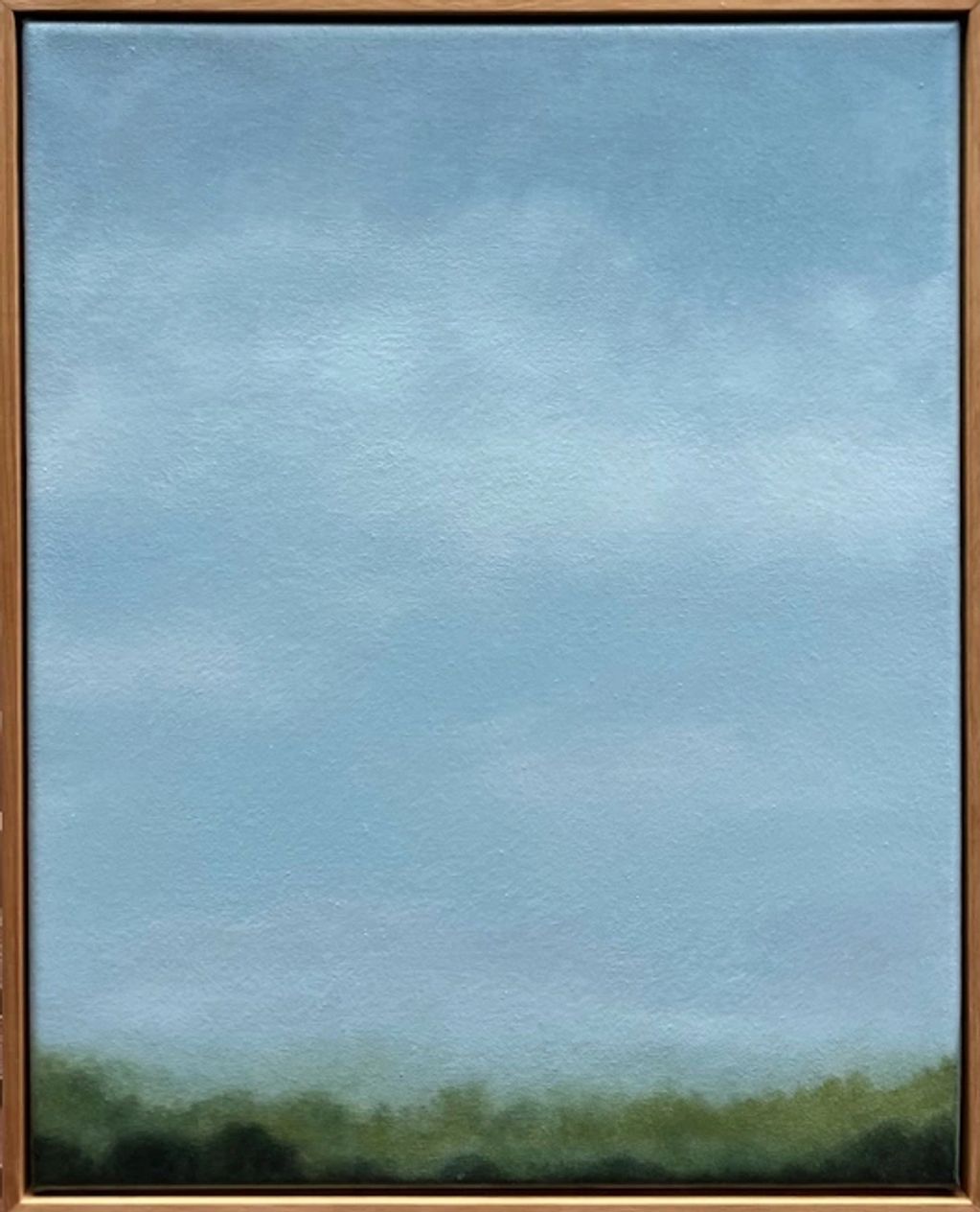 A beautifully rendered oil painting of a vast sky & a very low tree line horizon line