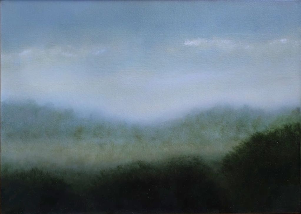 A beautifully rendered oil painting of a vast sky with cloud accents & a minimalist tree line