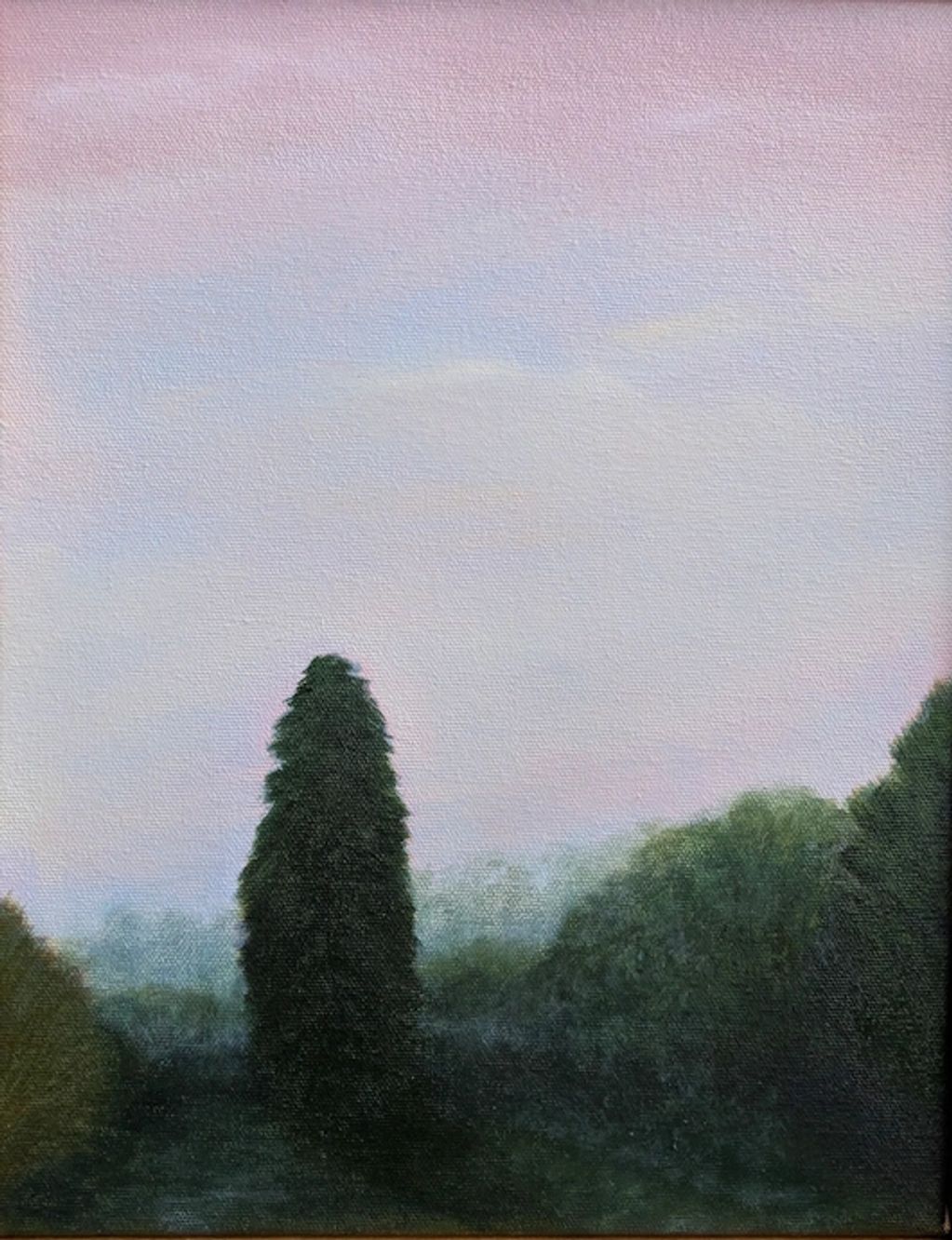 A beautifully rendered oil painting with vast sky, cloud accents & a tall central poplar style tree