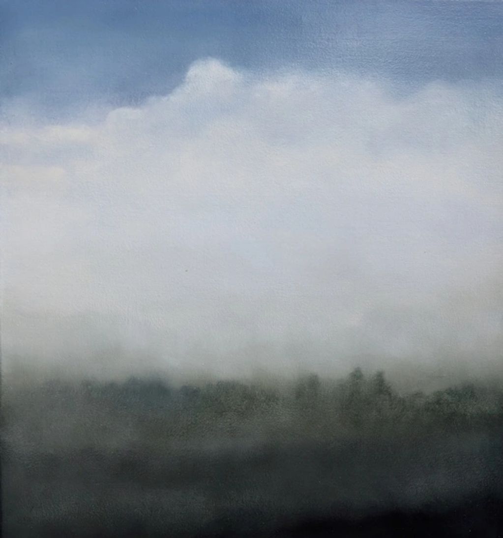 A beautifully rendered oil painting of a vast sky with cloud accents & a minimalist tree line