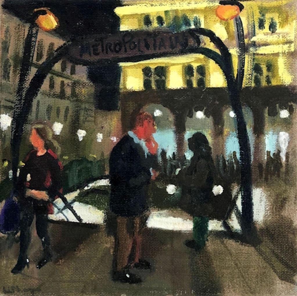 Paris metropolitan station at night with people and buildings painted by Wendy Sharpe in oil